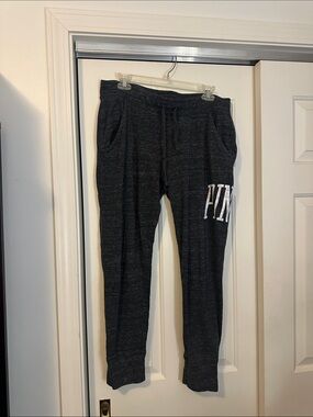 PINK Victoria's Secret Charcoal Gray Track Joggers with White Logo